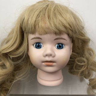 Porcelain Vintage Doll Head 5” Long Blonde Hair Wig Parts Blue Eyes Child