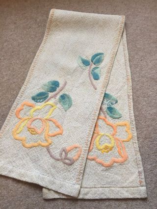 Vintage Hand Embroidered Table Runner Floral Wool 10x50” Vgc