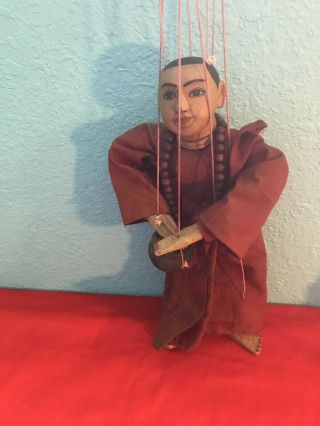 Vtg Hand Carved Painted Marionette/puppet Oriental/ Monk W/pot Folk Art