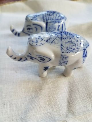 Vintage Miniature Blue And White Porcelain 2 Elephants Figurines