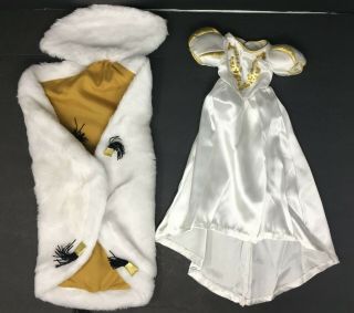 Vintage Two Piece White Doll Princess Gown With Fur Cape Gold Lame & Beads