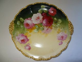 Antique Limoges Charger Cabinet Plate Wall Plaque H.  Painted Roses 13 3/4 " Diam