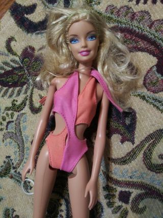 Mattel Barbie Doll Beach Blonde Hair In Pink Vintage Swim Suit Bathing