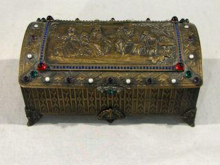 Antique Jeweled Vanity Jewelry Box Casket - Domed Top - Brass