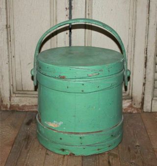 Antique Painted Wood Banded Firkin Sugar Bucket Swing Handle