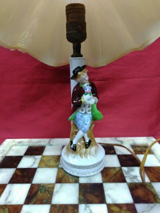 Vintage Porcelain Figurine Table Lamp With Shade Boy With Flowers (part Of Set)