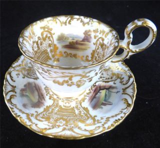 C1840 Fine Antique Coalport Porcelain Coffee Cup & Saucers Scenes & Gilt B