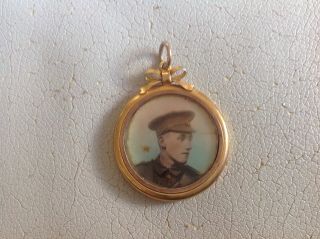 Antique Ww1 Mourning Sweetheart 9ct Gold Pendant Soldier Coloured Photo