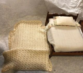Vintage Wood Dollhouse Miniature Bed W Lace Bedspread Quilt