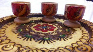 Vintage Handmade Folk Art - Poland,  Scotland - Wooden Plate and Egg Cups 5