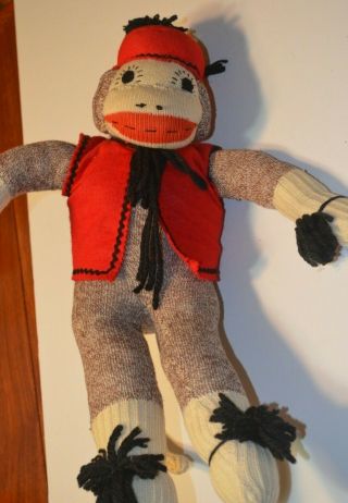 Vintage Handmade 19 " Red Heel Sock Monkey With Red Hat & Red Vest Euc