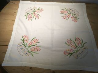 Vintage Hand Embroidery Tablecloth.  Bouquet Of Flowers.  White Linen