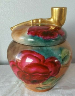 Antique Handpainted Porcelain Humidor Victorian Red Roses With Gold Pipe On Lid