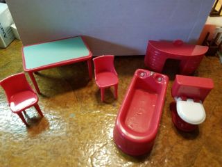 Plasco Vintage Dollhouse Furniture Red Bathtub Table Chairs Toilet Vanity