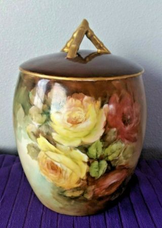 Gorgeous Antique T&v Limoges Handpainted Biscuit Jar Cabage Roses Tresseman Vogt