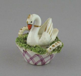 Antique 19th C Staffordshire Pottery Figural Inkwell Swan In Encrusted Basket