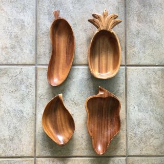 Set Of 4 Vintage Mid Century Wooden Carved Fruit Shaped Kitchen Bowls Dish Tray