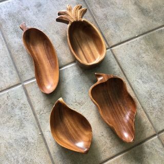 Set Of 4 Vintage Mid Century Wooden Carved Fruit Shaped Kitchen Bowls Dish Tray 2