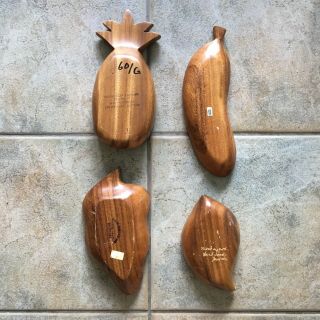 Set Of 4 Vintage Mid Century Wooden Carved Fruit Shaped Kitchen Bowls Dish Tray 3