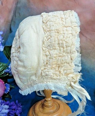 Antique Victorian Edwardian Baby Doll Bonnet Ruched Silk Ecru Hand Sewn 18 - 20 "