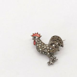 Antique Victorian Solid Silver Paste Cluster Enamel Fighting Cock Rooster Brooch