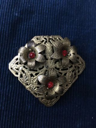 Antique Vtg Czech Dress Clip With Red Glass.