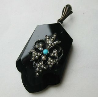 Antique Victorian Black Onyx Seed Pearl Mourning Jewelry Locket Necklace Pendant