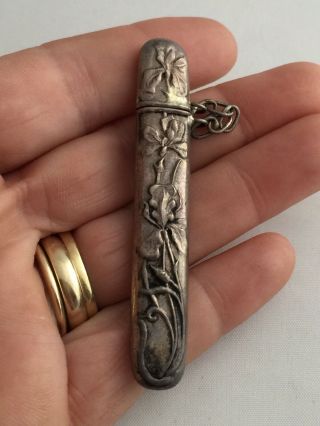 Antique Sterling Silver Victorian Chatelaine Needle Case Holder Floral Iris