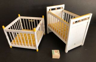 Vintage Doll House Miniature Furniture White Yellow Gingham Print Crib Playpen