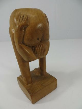 Vintage Hand Carved Wood Man W/head Up His Ass Funny Huta Gag Trophy