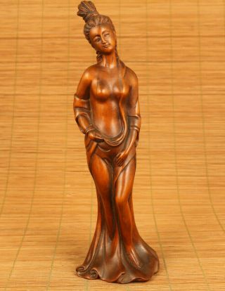 Chinese Old Boxwood Hand Carving Ancient Belle Statue Netsuke Table Decoration