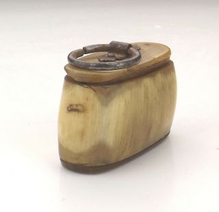 Antique Georgian Carved Horn Snuff Box With Hoop Handle - Early 4