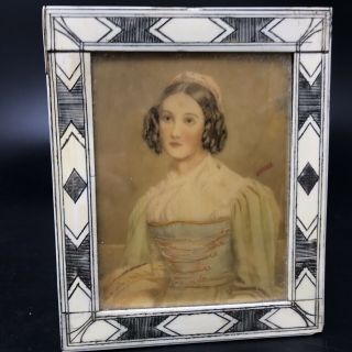 Antique Miniature Portrait Hand Painted Helene Sedymayr Scrimshaw Frame Signed