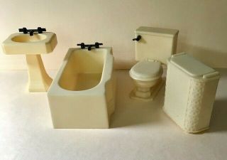 Renwal Cream Bathroom Set Vintage Tin Dollhouse Furniture Tub T 95 Rest Unmarked