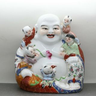 Colourful Large Vintage Chinese Hand Painted Porcelain Happy Buddha W/children