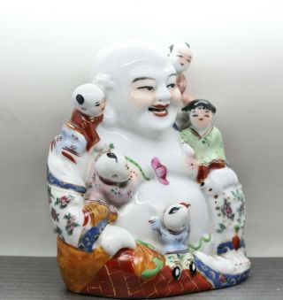Colourful Large Vintage Chinese Hand Painted Porcelain Happy Buddha w/Children 2
