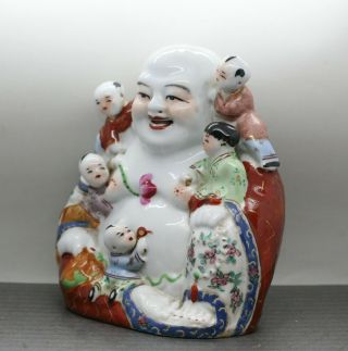 Colourful Large Vintage Chinese Hand Painted Porcelain Happy Buddha w/Children 5