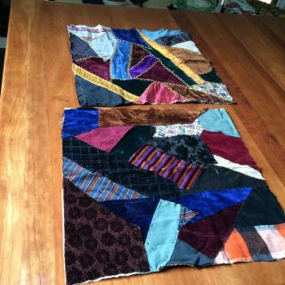 Antique Crazy Quilt Blocks 2pc Velvet Wool Silks Turkey Foot 15.  5x16 " Victorian