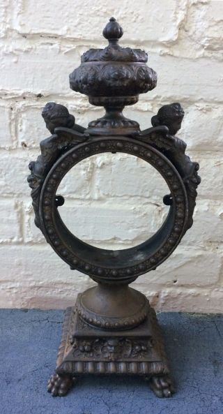 Rare Antique Cast Iron Clock Frame Angels Victorian Metal Industrial Art Mantle