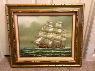 Vintage Nautical Clipper Ship Oil Painting On Canvas - Signed - Frame 24” X 28”