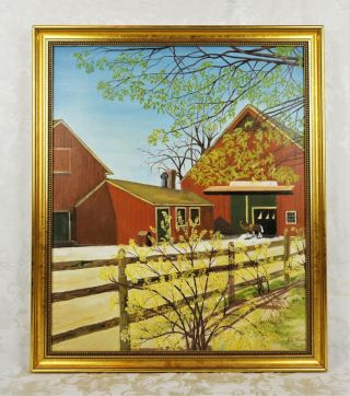 Vintage Mid Century Oil Painting Farm Scene Horse Livery Stable Signed