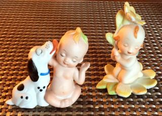 Set Of Two Vintage Kewpie Doll Babies Licking Dog Baby With Wings On Flower