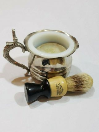 Apollo Silver Co.  Shaving Mug W/ Milk Glass Insert & Brush