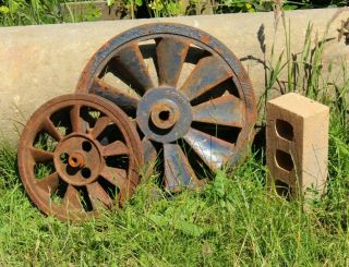 2 Old Cast Iron Industrial Pulley Wheels Pair