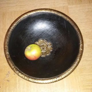 Large Hand Turned In India Wooden Bowl With Intricate Brass Metal Inlay