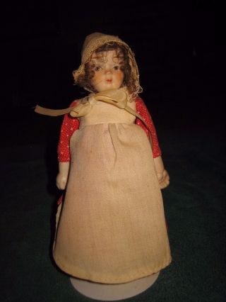 Vintage Small Porcelain Doll With Bonnet And Apron Doll Stand