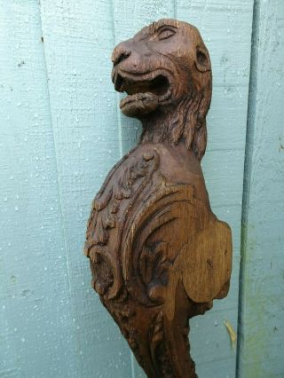 19thc Gothic Wooden Oak Carving With Intricate Lion Head To Top C1880s