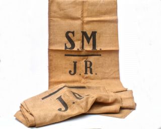 Vintage French Grain Sacks Initialled Printed Inside & Out S.  M.  J.  R