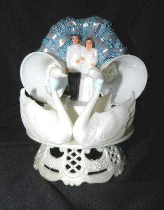 Vtg Wedding Cake Topper Bride Groom Swans Bells Blue Ribbons Roses 5.  5 " Tall