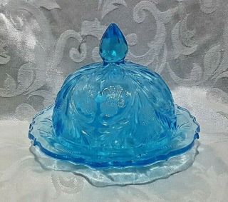 Vintage Mosser Inverted Thistle Pale Blue Glass Covered Butter Dish Pristine